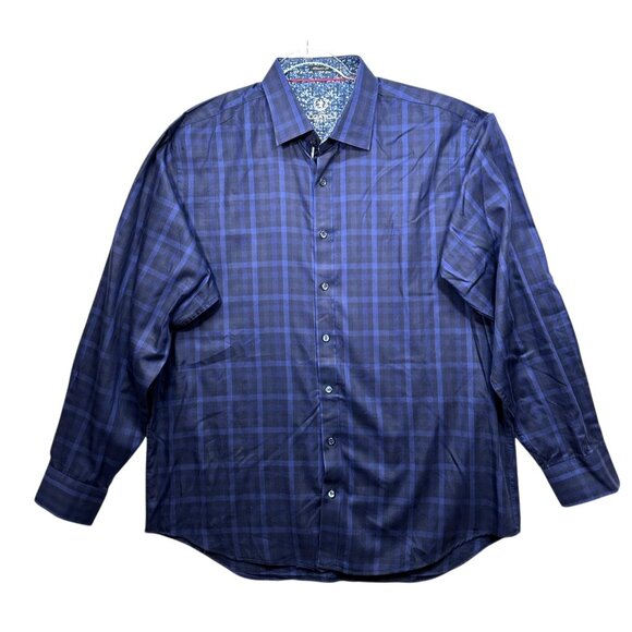 Bugatchi Uomo Mens XL Button-Up Long Sleeve Shirt Blue Plaid Classic Fit Collar - Picture 2 of 5